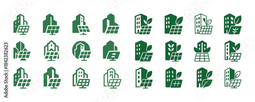 Green eco building icons with solar panels and leaves