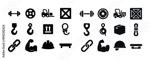 Industrial equipment icons: weightlifting, transport, safety, li