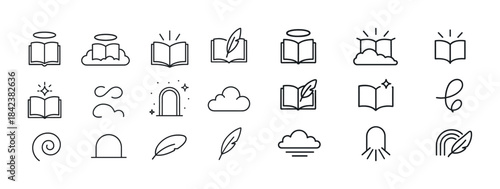 Collection of minimalist book and writing icons with clouds and