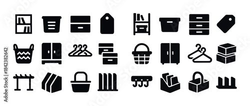 Collection of black silhouette storage and organization icons