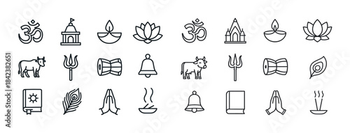 Hindu symbol icon set including om, temple, lotus, cow, trident,