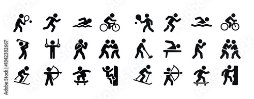 Set of sports icons: tennis, cycling, archery, skiing, wrestling