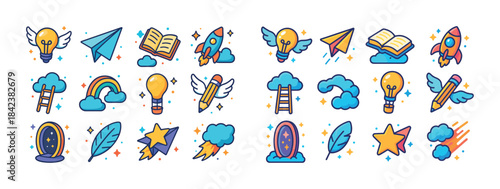 Whimsical doodle icons featuring rockets, light bulbs, and cloud