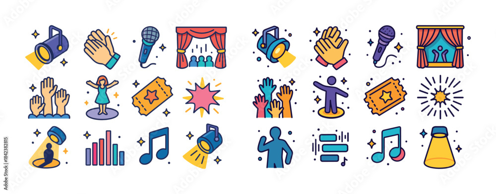 Fototapeta premium Colorful theater and music icons: spotlight, applause, microphon