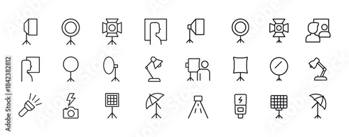 Photography equipment icons: lighting, tripods, flash, and refle