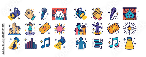 Colorful theater and music icons: spotlight, applause, microphon