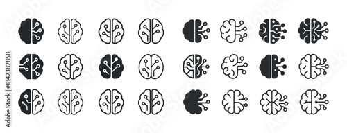 Set of abstract brain circuit icons illustrating artificial inte