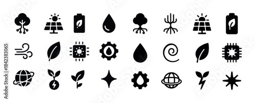 Eco-friendly energy and nature icons set: solar, wind, leaf, bat