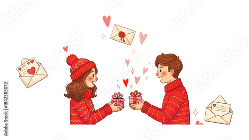Love's Exchange: A tender illustration depicts a couple exchanging gifts, surrounded by floating hearts and love letters, symbolizing affection and togetherness. 