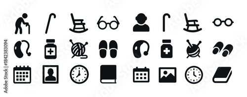 Elderly care icons set: walking aids, medical supplies, leisure,