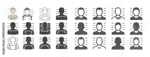 Mugshot silhouettes of diverse individuals on lineup background