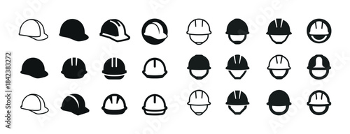 Set of various construction helmet icons in black and white