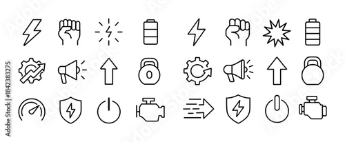 Energy and power icons: lightning, fist, battery, megaphone, arr