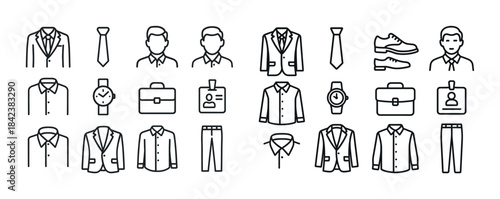 Business attire icon set: suits, ties, shoes, watches, and acces