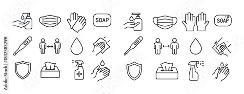 Vector icons of hygiene practices: handwashing, social distancin