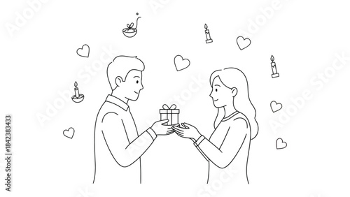 Romantic gift exchange: A tender moment captured between a couple, as they exchange gifts in a gesture of affection. Candlelight and floating hearts set a scene of love and connection.