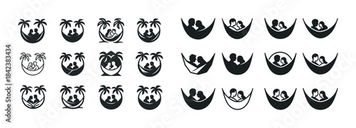 Silhouette collection of couples relaxing in hammocks under palm
