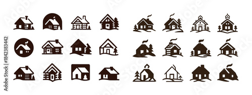Collection of rustic cabin icons in various styles and designs