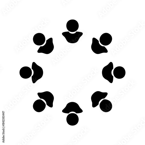 A circular arrangement of people icons symbolizing a meeting or conference