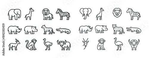 Simple outline icons of various african safari animals