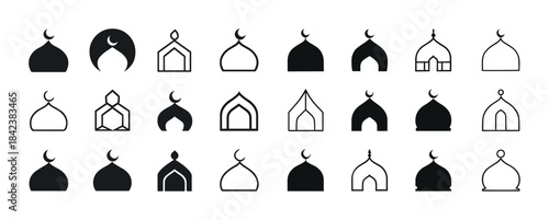 Collection of islamic mosque silhouettes with crescent moon desi