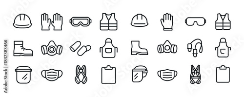 Set of safety equipment icons: helmets, gloves, masks, goggles,