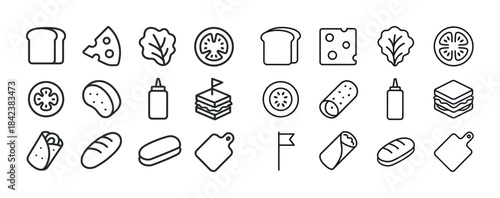 Collection of sandwich and snack line icons including bread, che