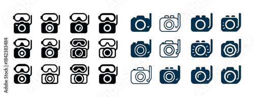 Set of diving camera icons with snorkel in various styles and co