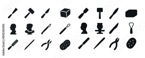 Silhouette icons of sculpting tools and pottery equipment