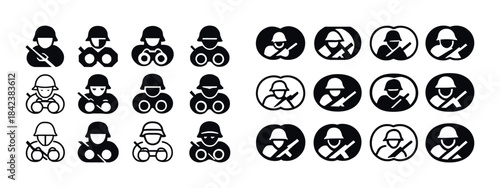 Military icons set with soldiers and binoculars in different sty
