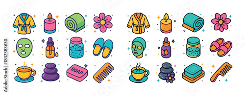 Colorful spa elements set including candles, robes, oils, skinca