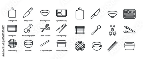 Kitchen utensils line icons: cutting board, sharp knife, dipping