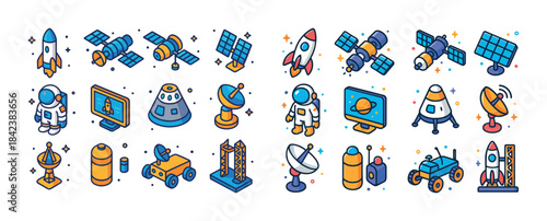 Colorful space exploration icons: rockets, satellites, astronaut