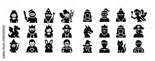 Fantasy character icon set: knights, wizards, pirates, dragons,