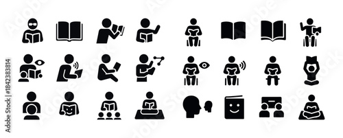 Black reading and learning icon set representing education and k