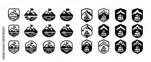 Collection of black icons featuring mountains, seas, and ships