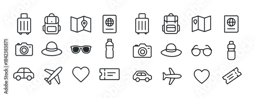 Travel icons: luggage, camera, ticket, airplane, map, passport,