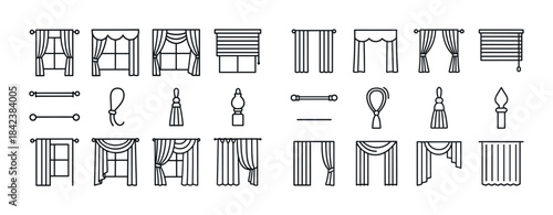 Variety of curtain and window treatment line icons in black outl