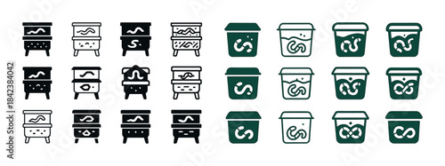 Aquarium and aquarium stand icons in various styles and colors