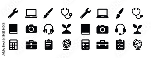 Set of black educational and work tools icons: wrench, laptop, b