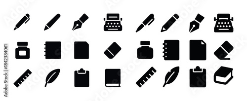 Black silhouette icons of writing tools and stationery collectio
