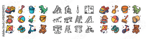 Colorful and outline playful children's toys and playground equi