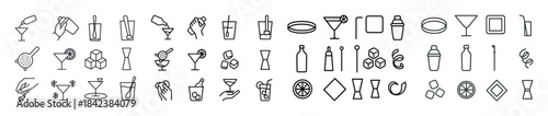 Cocktail icons set: minimalist line drawings of glasses, shakers