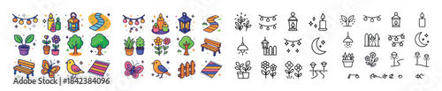 Colorful and line art garden icons featuring plants, trees, and