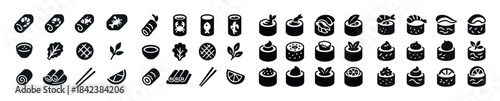 Black and white sushi icons collection featuring various sushi r