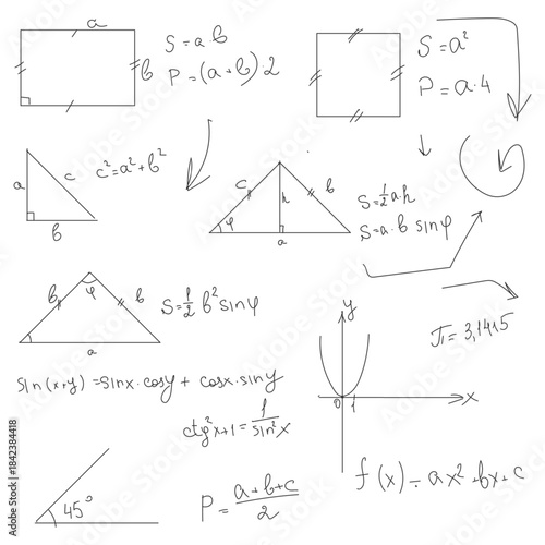 School mathematical characters, drawings and diagrams, black and white sketch. Vector illustration. Trigonometric and algebraic equations, formulas, circles and geometry isolated on white background. 