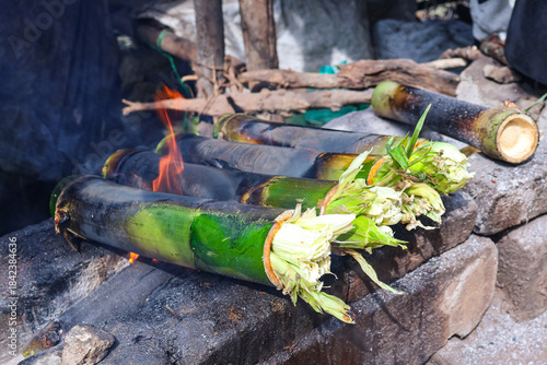 Bamboo chicken, chicken cooked in a bamboo stalk under fire. Also called Bongu chicken, a traditional south Indian food.