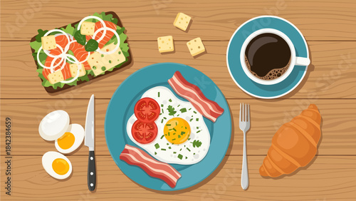 An overhead vector illustration of a hearty breakfast on a wooden table, featuring a fried egg with bacon, a salmon sandwich, boiled eggs, a croissant, and black coffee