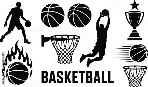 Basketball silhouettes and trophies on white background