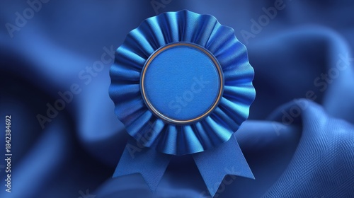 Close-up shot of a blue award ribbon, with focus on the details of the fabric and design. The ribbon is a symbol of achievement and honor.